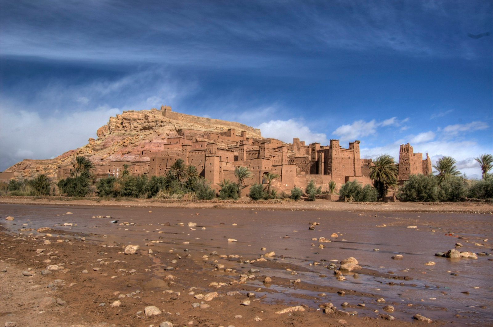 Bird's-eye view of the earthen kasbah of Ait Benhaddou perched above the Ounila valley