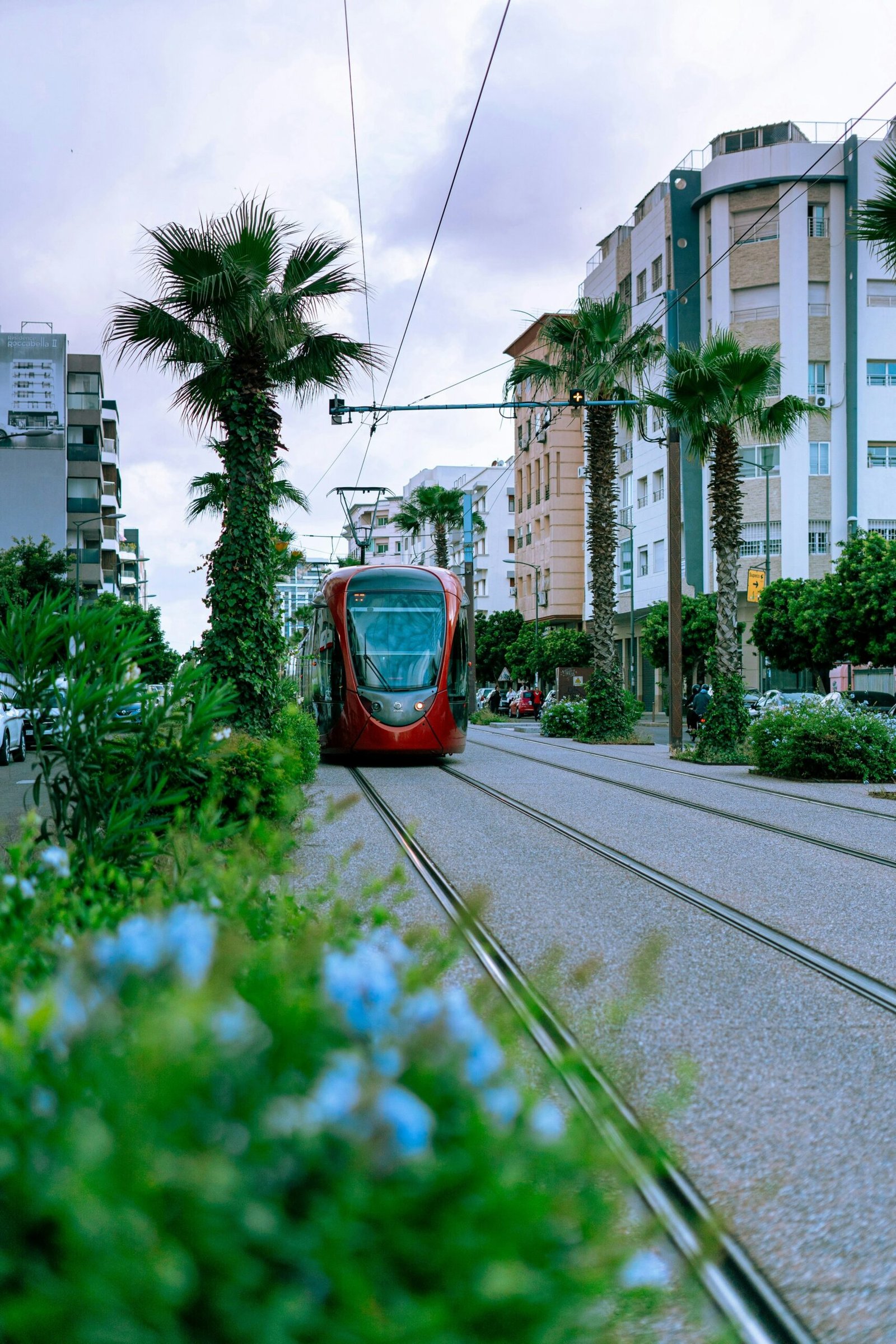 A red tramway travels down a modern street lined with tall buildings in Casablanca, Morocco