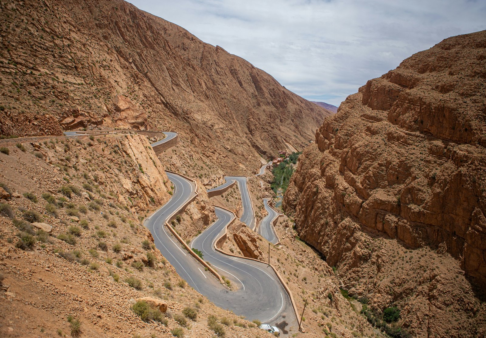The winding switchback road climbing through the Dades Gorge in Morocco