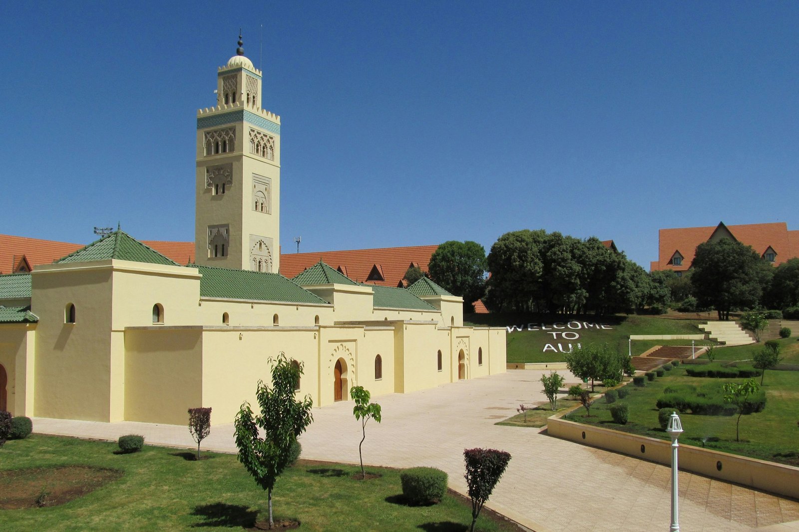 A white building with alpine-style architecture in Ifrane, Morocco