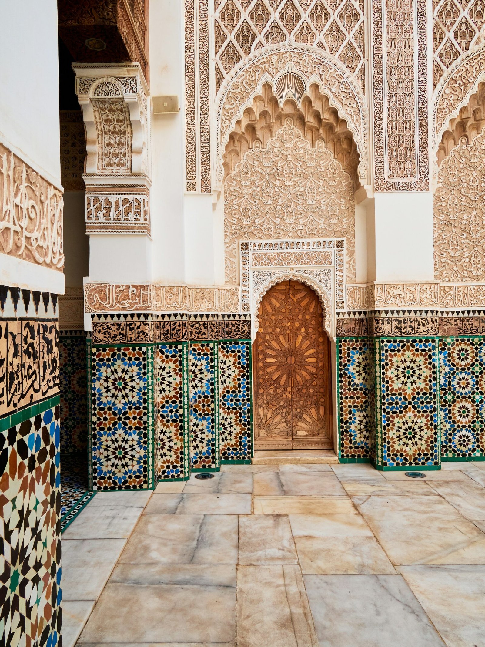 Traditional zellige tilework in a Marrakech archway