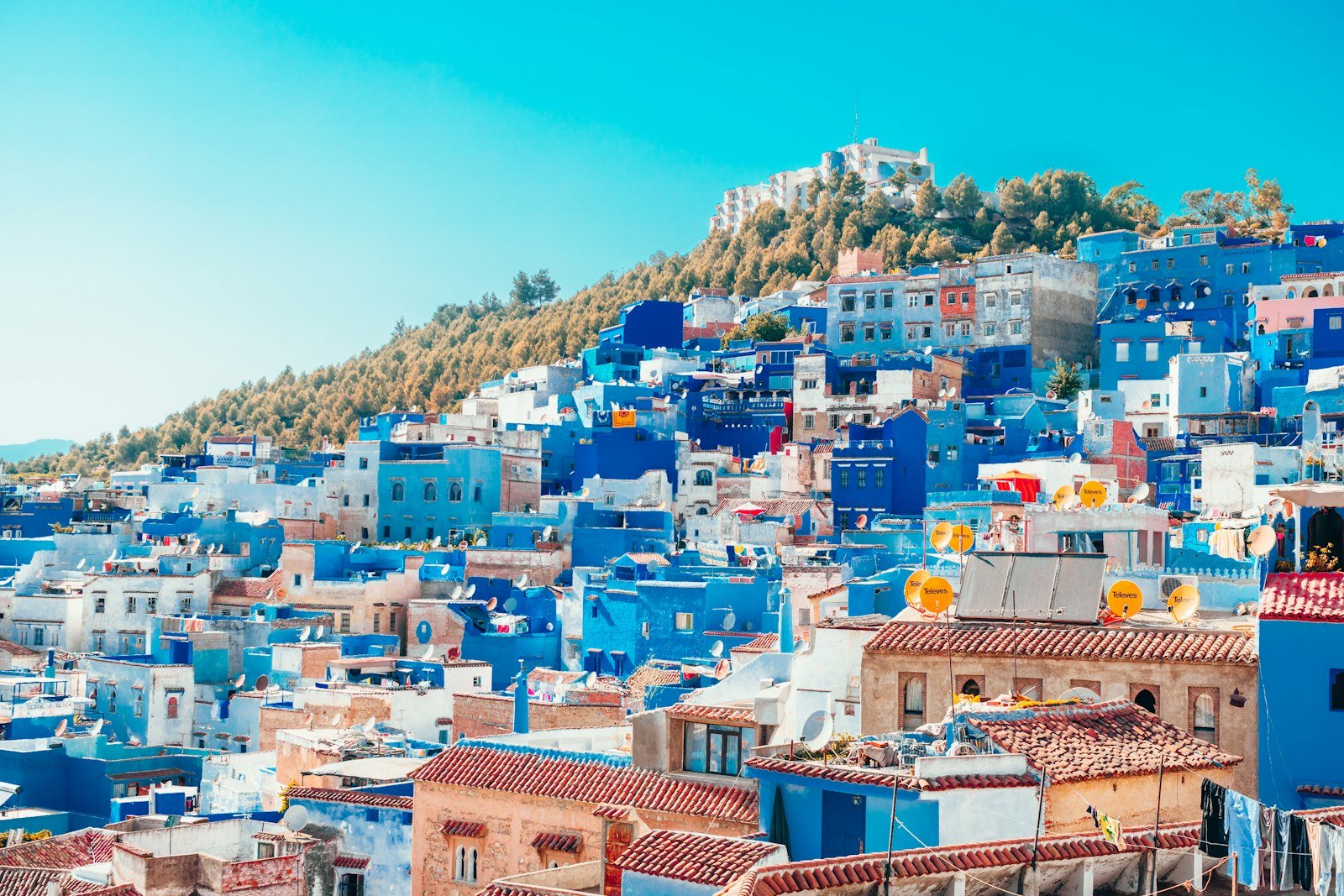 Panoramic view of Chefchaouen’s blue rooftops