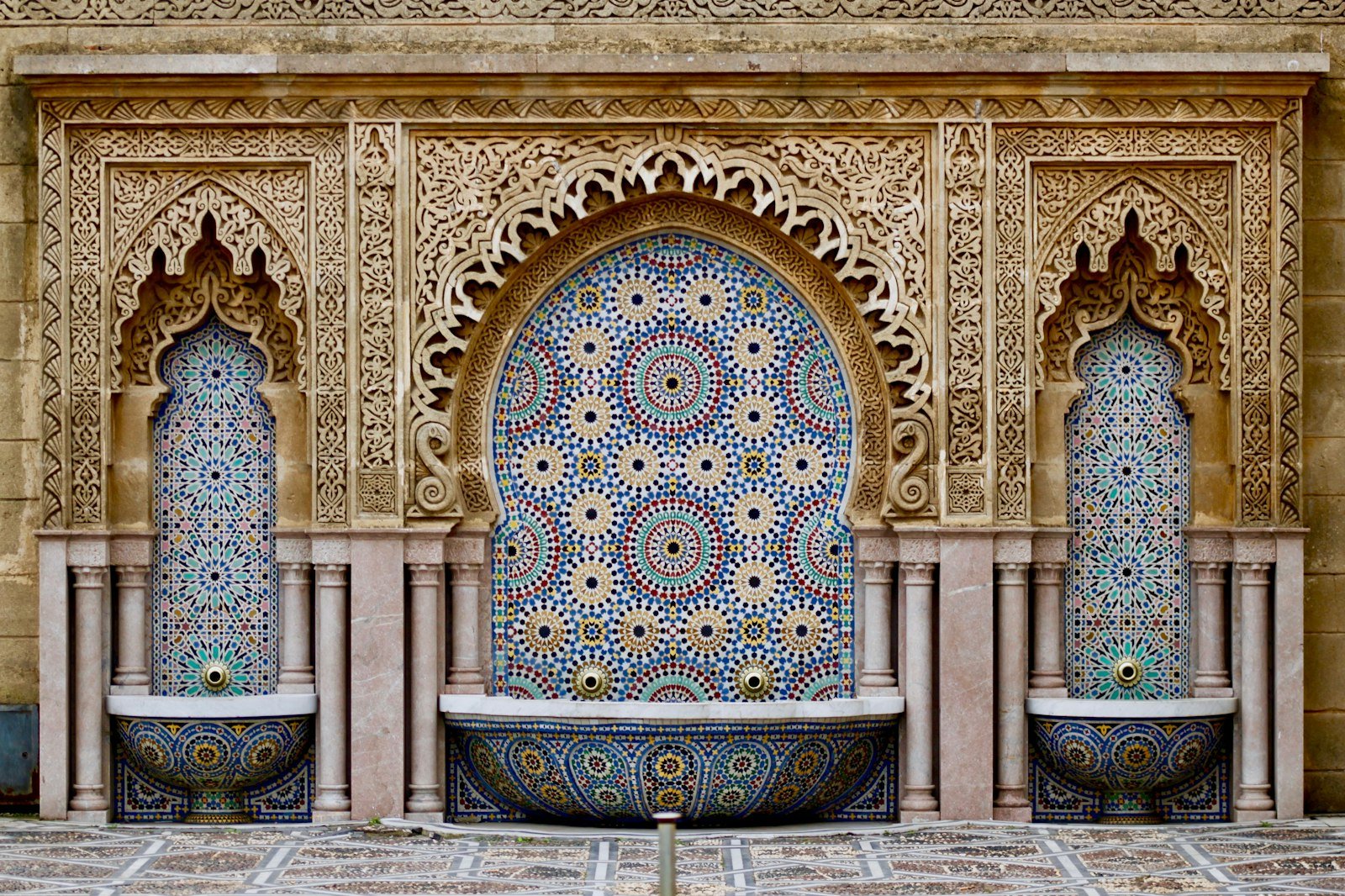 Intricate Moroccan zellige tile fountain