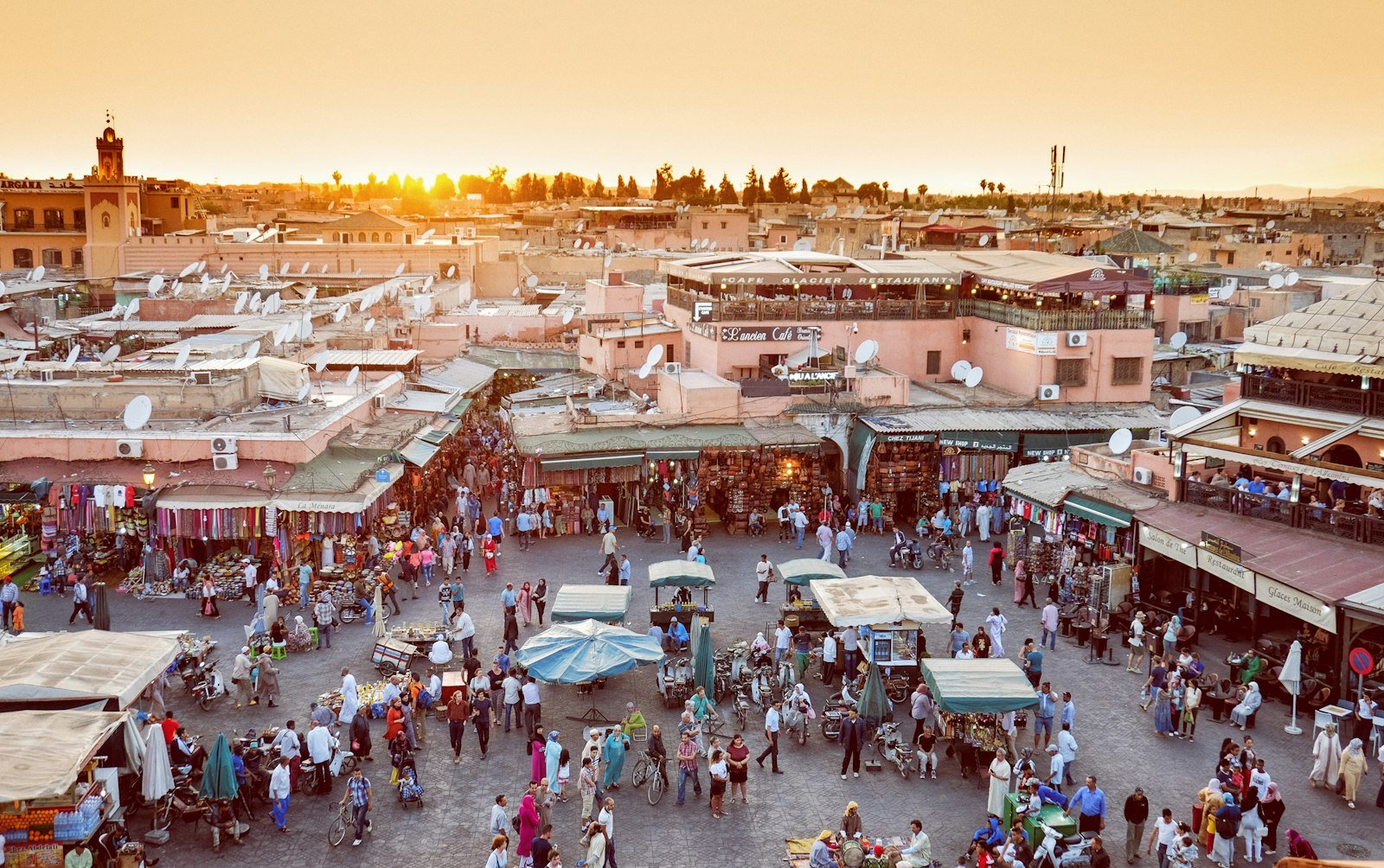 The legendary Jemaa el-Fnaa square at golden hour