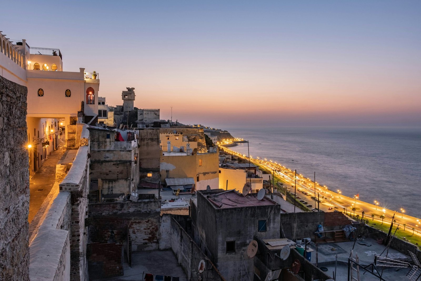 Aerial view of the whitewashed Medina of Tangier overlooking the sea, Morocco